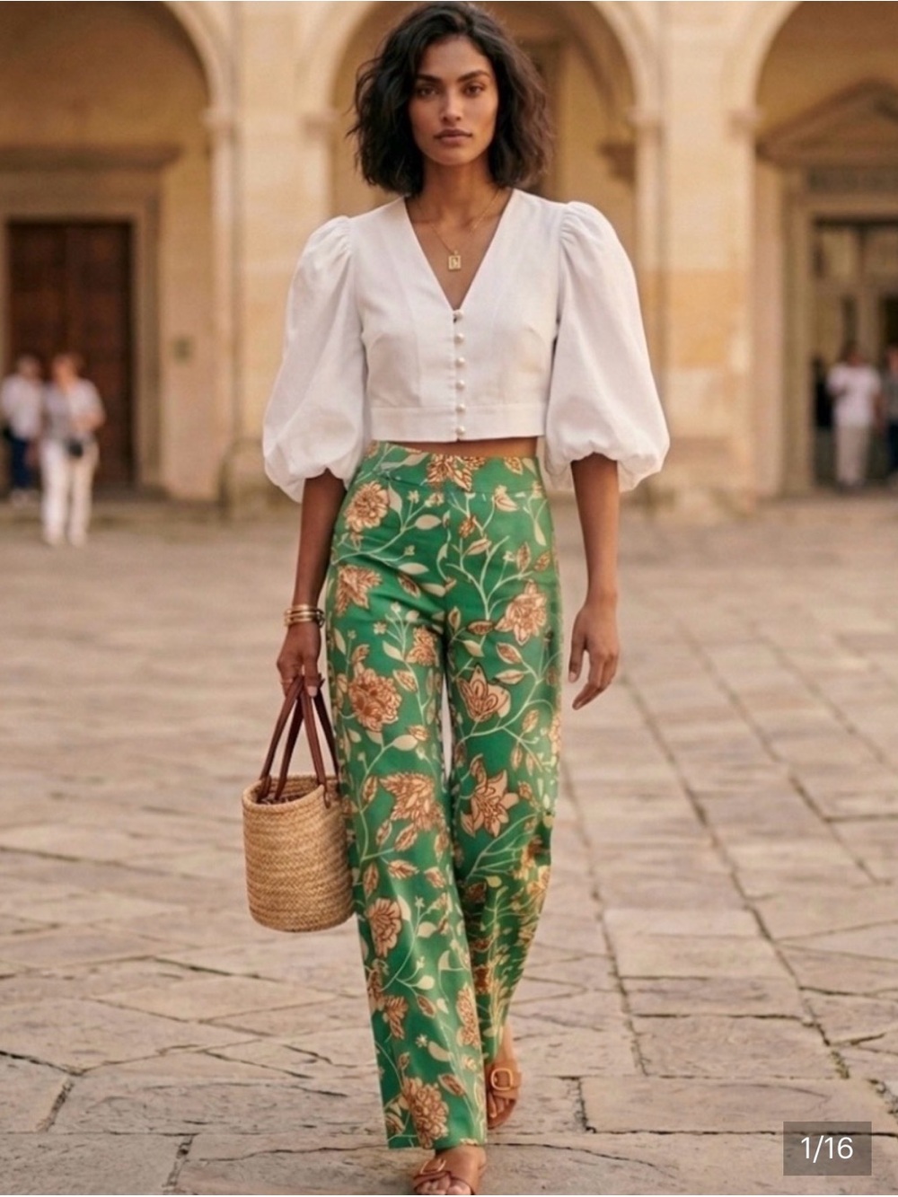 Sezane Baptisto Teal Cream Floral Linen Cotton Wide Leg Pant 6 - Picture 2 of 16